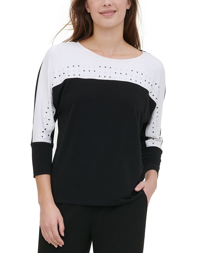 Calvin Klein Women's 3/4 Sleeve Jewel Neck Blouse Top Black Size Medium