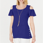 JM Collection Women's Cold Shoulder Necklace Flutter Sleeve Top Blue Size XXL
