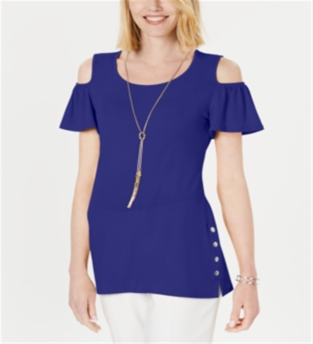JM Collection Women's Cold Shoulder Necklace Flutter Sleeve Top Blue Size XXL