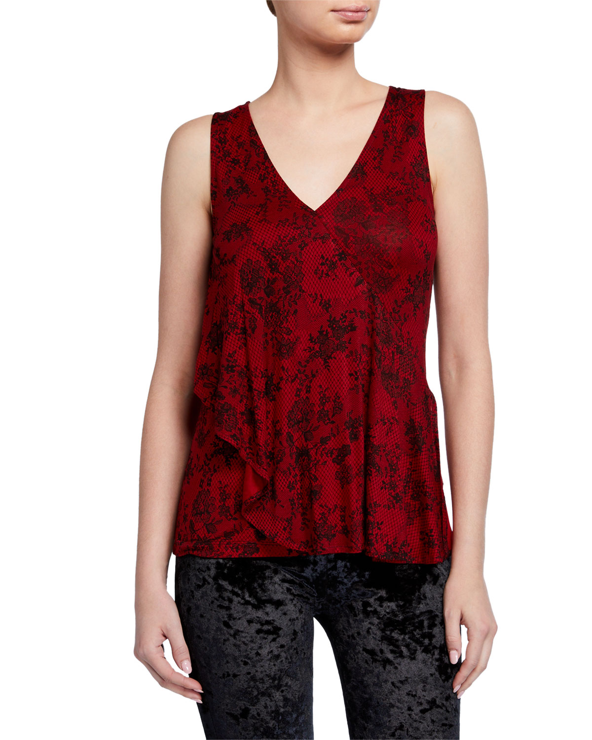 Michael Kors Women's Lace Floral Sleeveless V Neck Tank Top Red Size Large