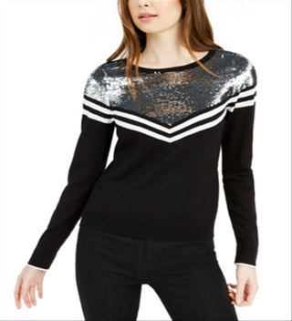 Bar III Women's Sequin-Yoke Chevron Sweater Gray  Size Large