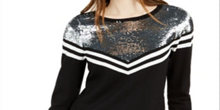 Bar III Women's Sequin-Yoke Chevron Sweater Gray  Size Large