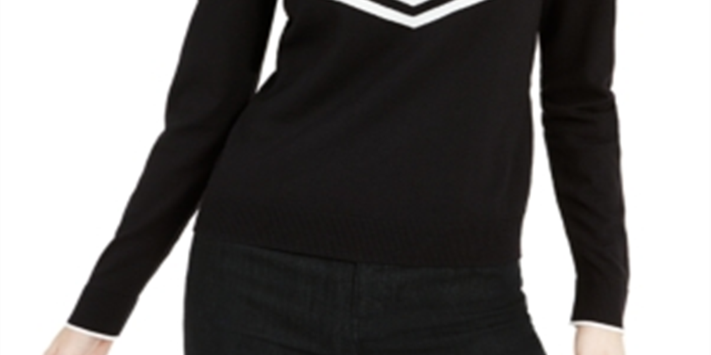 Bar III Women's Sequin-Yoke Chevron Sweater Gray  Size Large