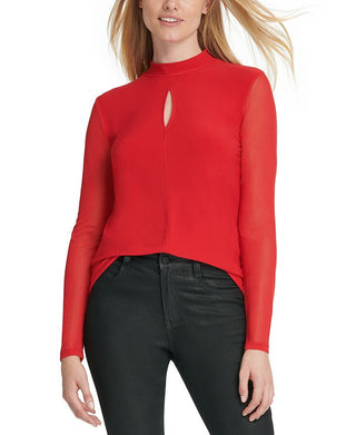 DKNY Women's Sheer Sleeve Keyhole Top Red Size -XS