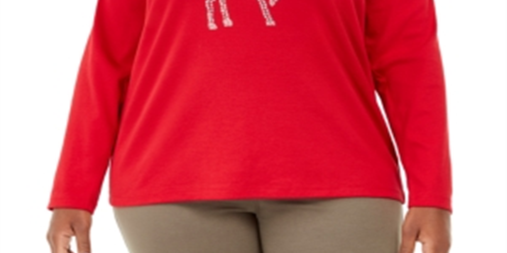 Karen Scott Women's Plus Deer Decor Embellished Top Red Size 2X