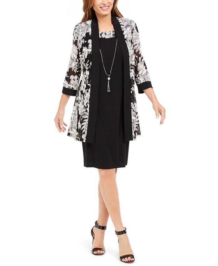 R & M Richards Women's Necklace Dress & Puff Print Jacket Black Size 4 Petite