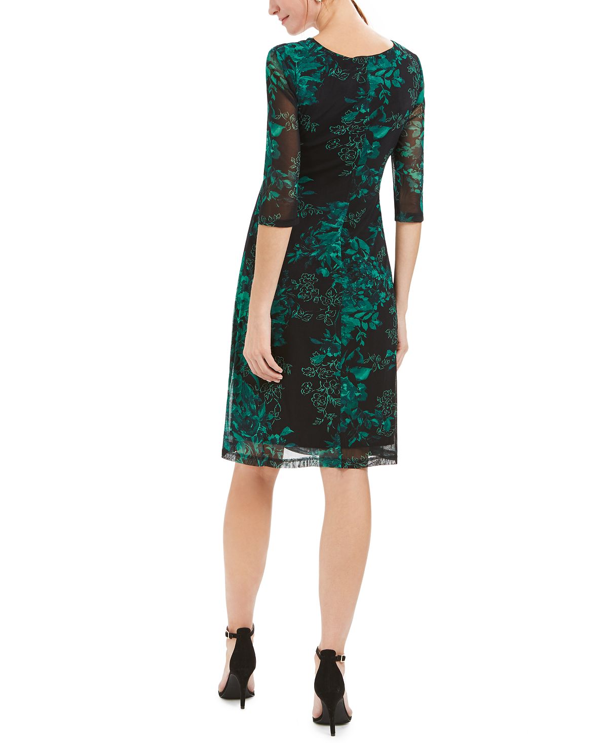Connected Women's Printed 3/4 Sleeve V Neck Above the Knee Sheath Wear to Work Dress Green Size 10 Petite