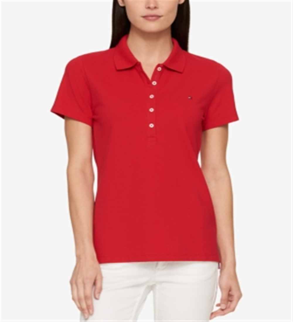 Tommy Hilfiger Women's Short Sleeve Collared Top Red Size X-Large