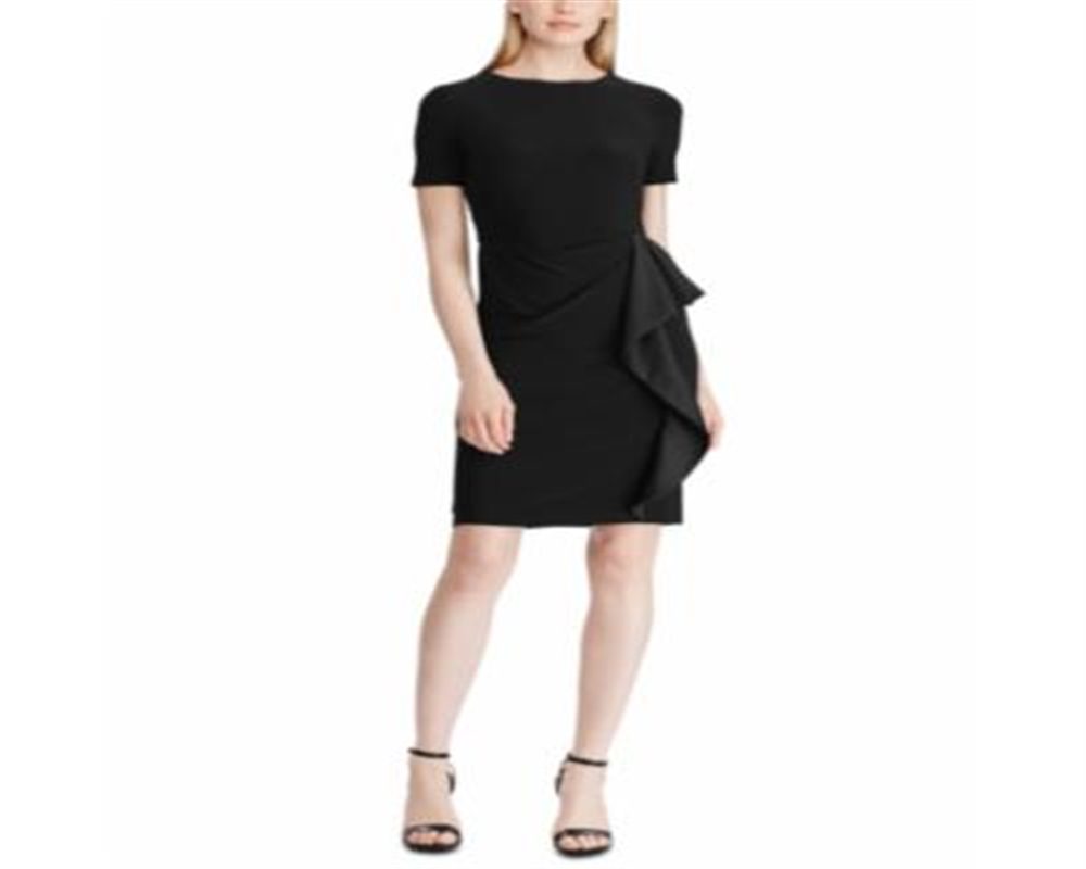 Ralph Lauren Women's Zippered Short Sleeve Jewel Neck Above the Knee Body Con Evening Dress Black Size 12 Petite