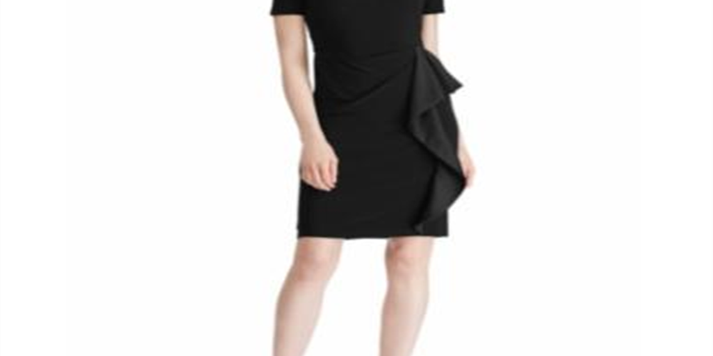 Ralph Lauren Women's Zippered Short Sleeve Jewel Neck Above the Knee Body Con Evening Dress Black Size 12 Petite