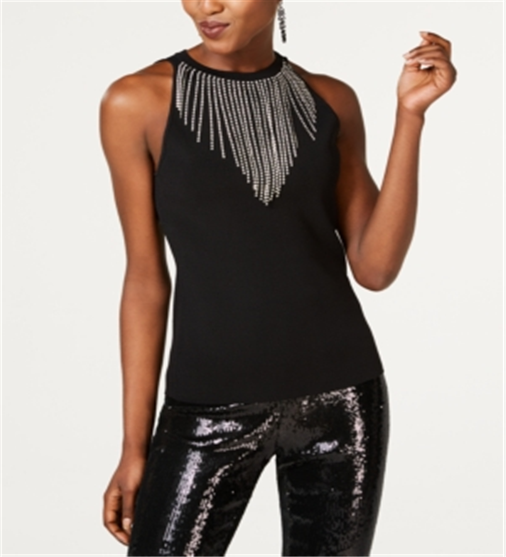 INC International Concepts Women's Rhinestone Necklace Sleeveless Sweater Top Black Size PP