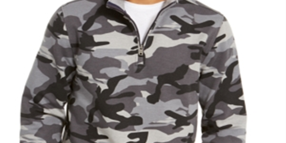 Club Room Men's Stretch Camouflage 1/4 Zip Fleece Sweatshirt Gray Size Small