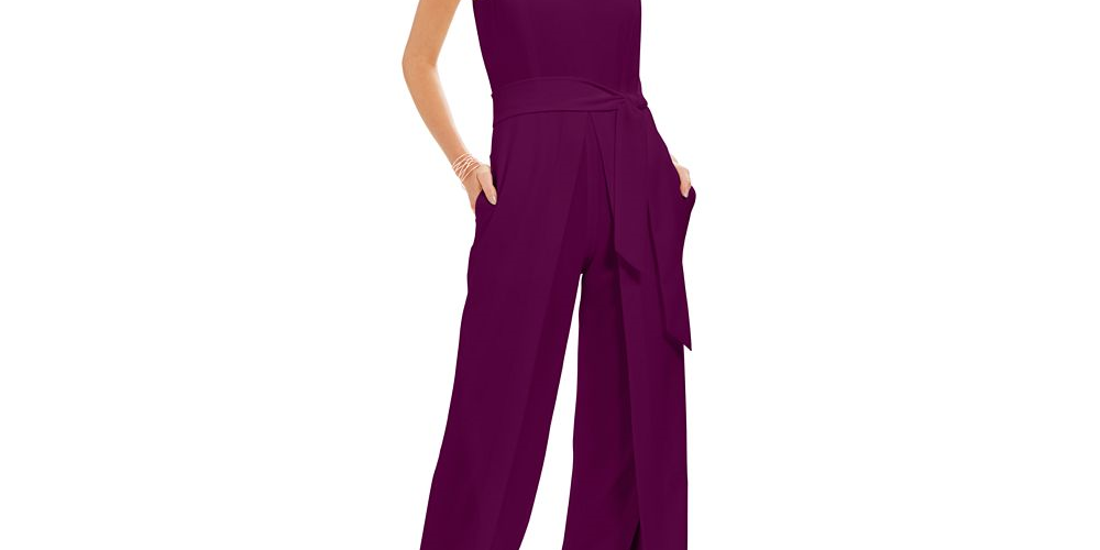 INC International Concepts Women's Belted Flyaway Leg Jumpsuit Wine Size 6