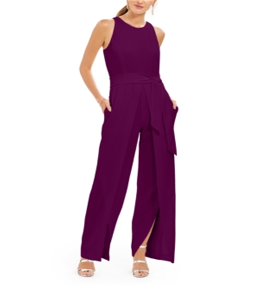 INC International Concepts Women's Belted Flyaway Leg Jumpsuit Wine Size 6