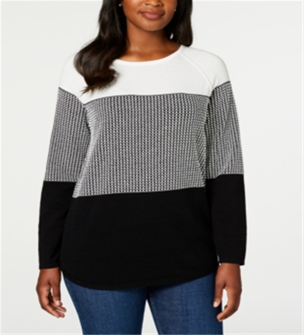 Karen Scott Women's Textured Cotton Colorblock Pullover Sweater Black Size X-Small