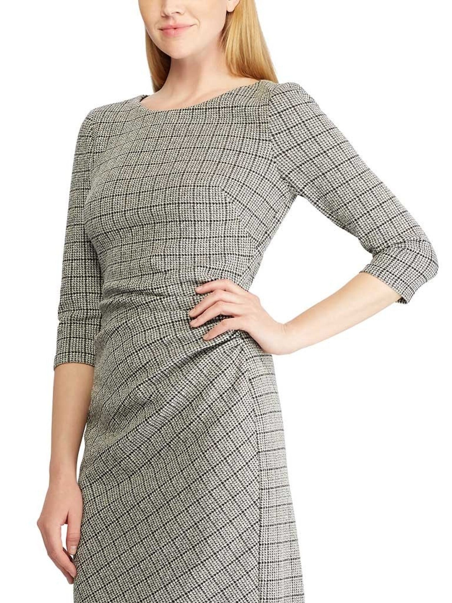 Ralph Lauren Women's Ruched Houndstooth Long Sleeve Jewel Neck Above the Knee Dress Black Size 14