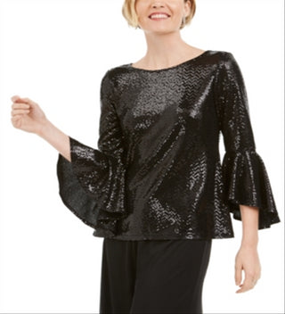 MSK Women's Sequined Bell Sleeve Top Black Size Petite X-Large