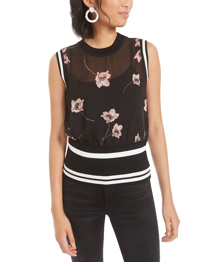 Bar III Women's  Semi-Sheer Floral-Print Top Black  Size Large