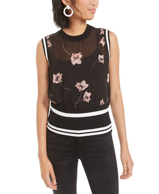 Bar III Women's  Semi-Sheer Floral-Print Top Black  Size Large