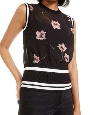 Bar III Women's  Semi-Sheer Floral-Print Top Black  Size Large