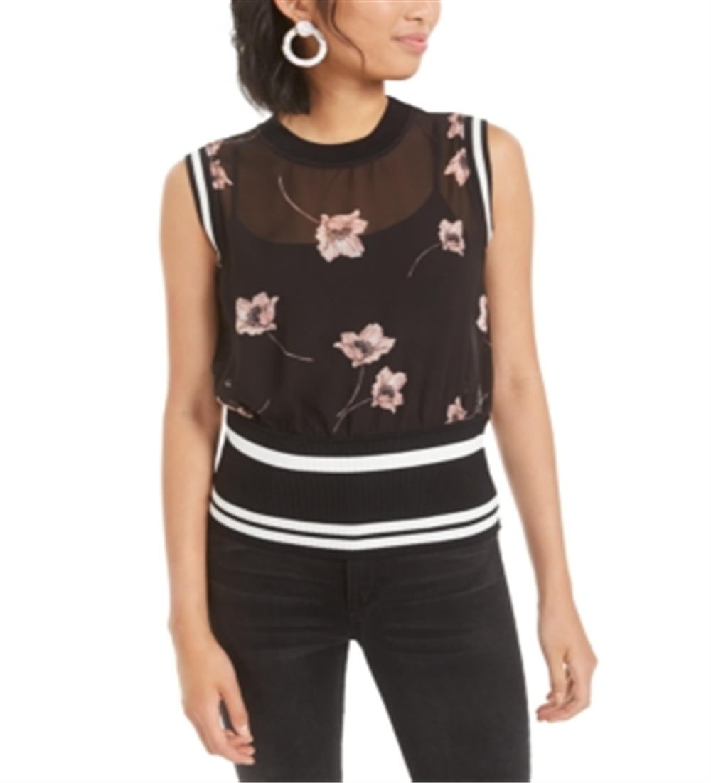 Bar III Women's  Semi-Sheer Floral-Print Top Black  Size Large