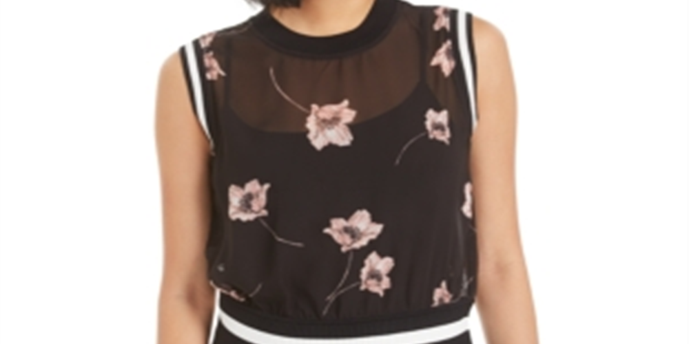 Bar III Women's  Semi-Sheer Floral-Print Top Black  Size Large