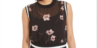 Bar III Women's  Semi-Sheer Floral-Print Top Black  Size Large