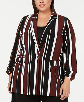 Alfani Women;s Plus Striped Business One-Button Blazer Brown Size 1X