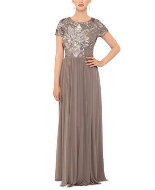 Betsy Adam Women's Sequined Short Sleeve Jewel Neck Full Length Evening Dress Brown Size 12