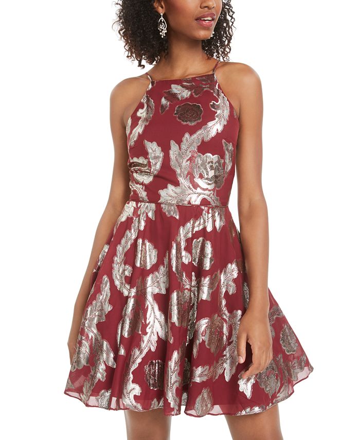 City Studios Junior's Metallic Print Fit & Flare Dress Red Size 0