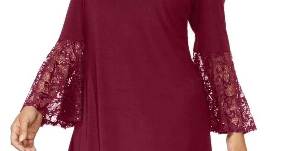 R M Richards Women's Lace Cold Shoulder Bell Sleeve Scoop Neck Knee Length Shift Dress Plus Purple Size 20W