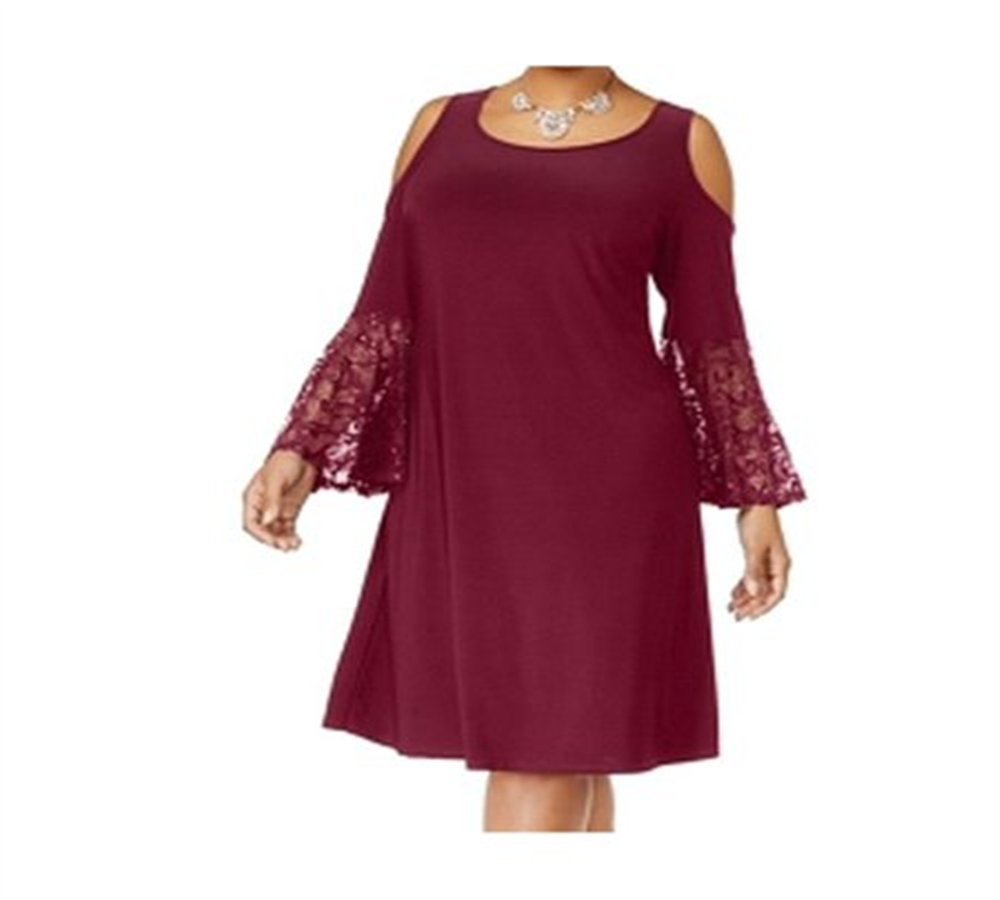 R M Richards Women's Lace Cold Shoulder Bell Sleeve Scoop Neck Knee Length Shift Dress Plus Purple Size 20W