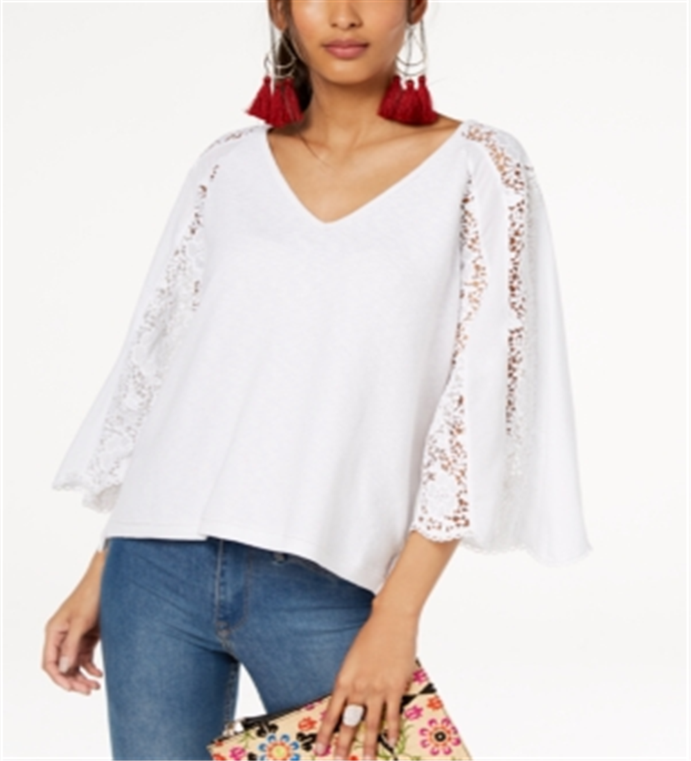 INC International Concepts Women's Lace Sleeve Sweater White Size Petite S