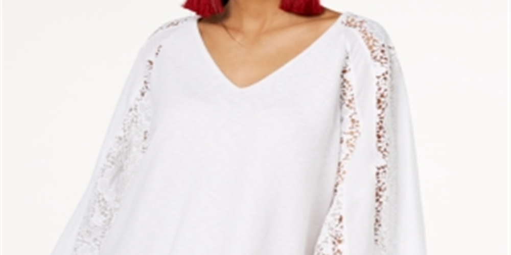 INC International Concepts Women's Lace Sleeve Sweater White Size Petite S