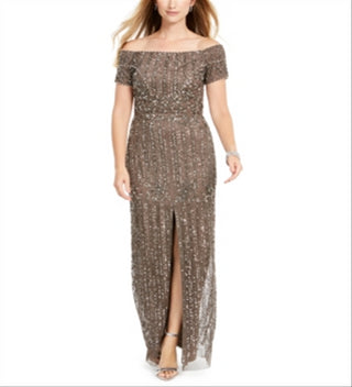Adrianna Papell Women's Off the Shoulder Beaded Gown Brown Size 16