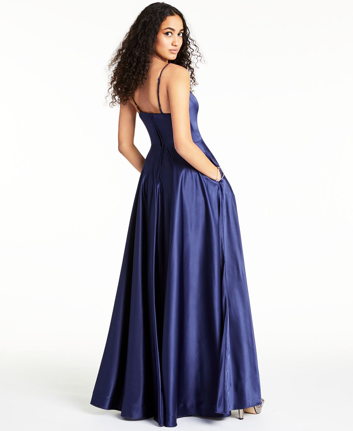 B Darlin Women's Slitted Spaghetti Strap V Neck Full-Length Formal Fit Flare Dress Juniors Blue Size 9-10