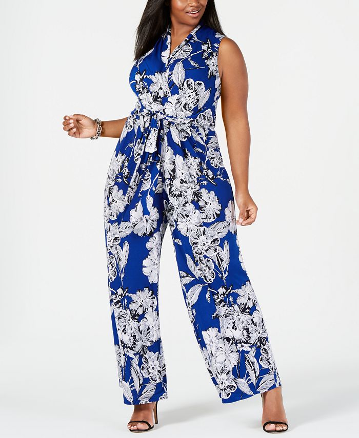 Jessica Howard Women's Plus Jumpsuit Floral V Neck Blue Size 1X