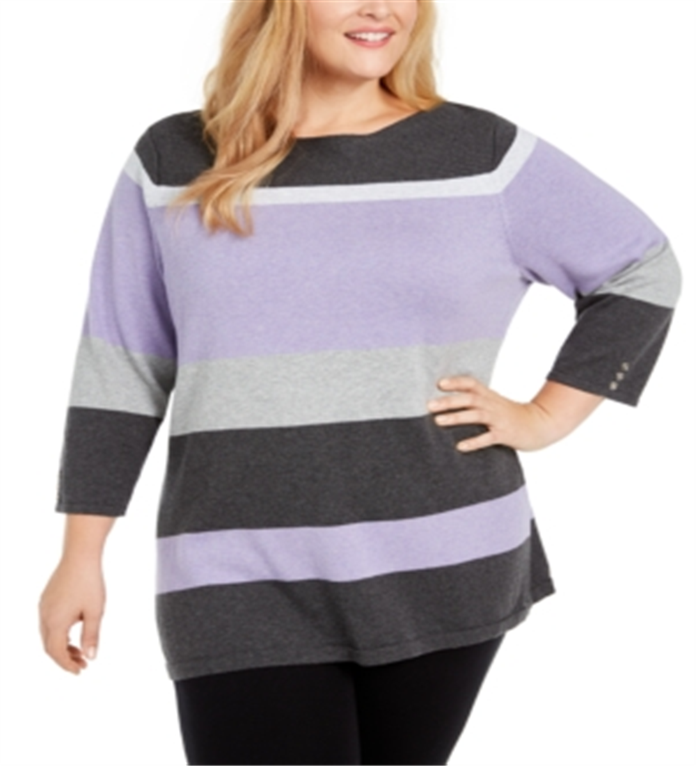 Karen Scott Women's Striped Ballet Neck Cotton Sweater Purple Size 1X