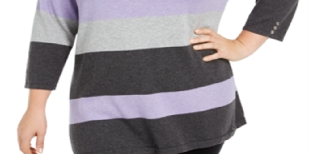 Karen Scott Women's Striped Ballet Neck Cotton Sweater Purple Size 1X