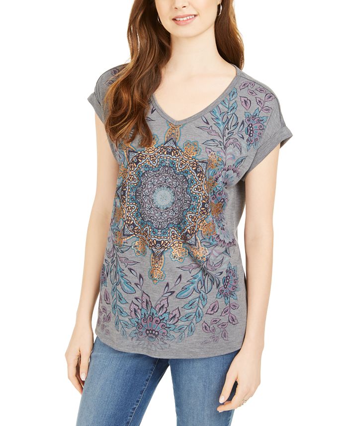 Style & Co Mandala Graphic Top - Ethnic Floral Blue Size L