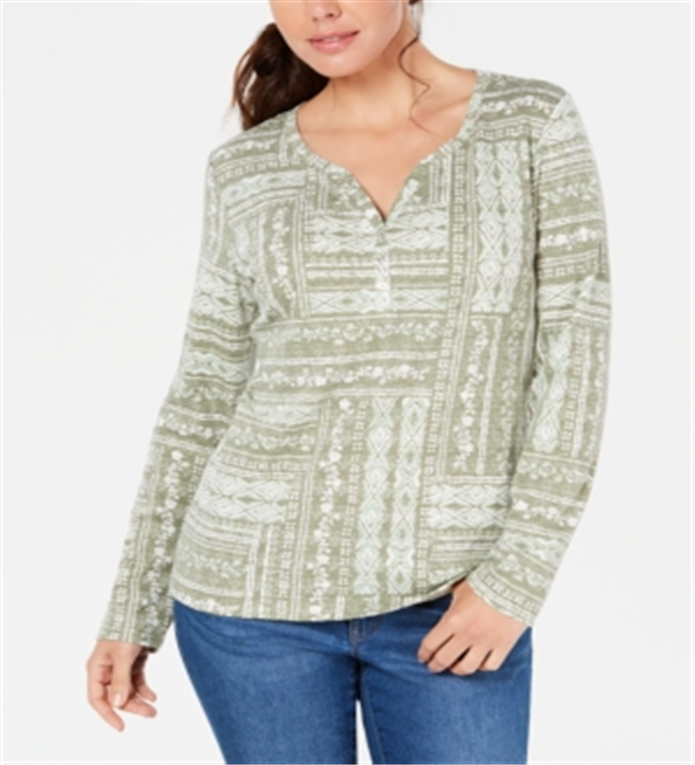 Karen Scott Women's Patchwork Henley Top Green Size XS