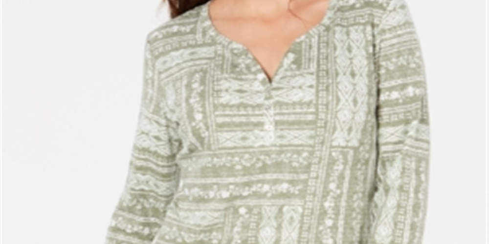 Karen Scott Women's Patchwork Henley Top Green Size XS
