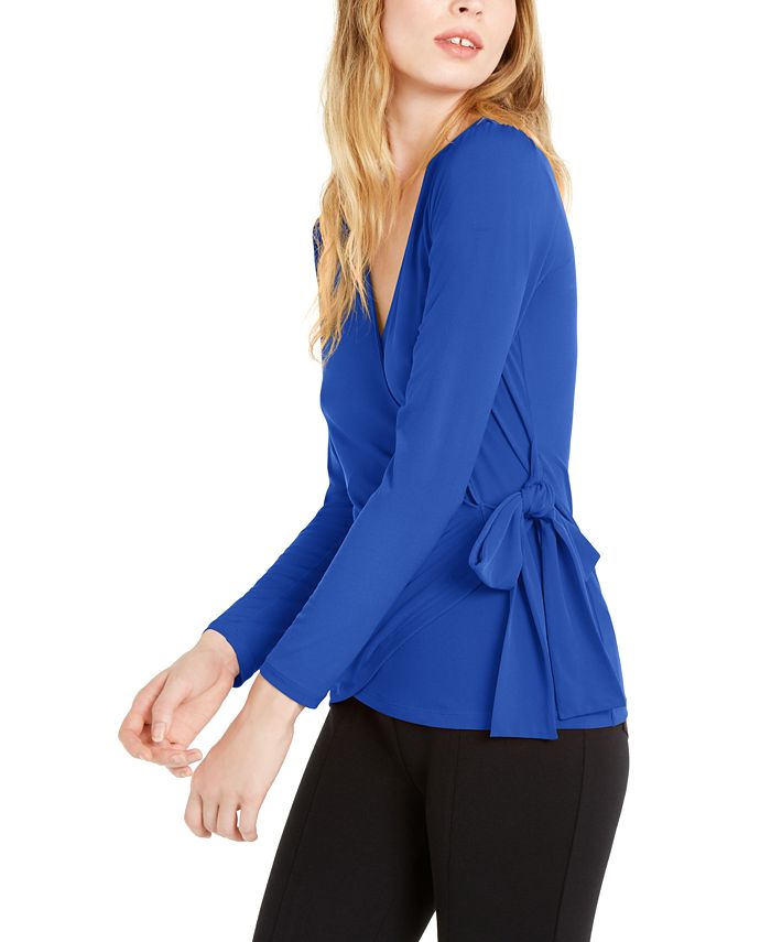 Michael Kors Women's Bow Tie Long Sleeve Wrap Top Blue Size S