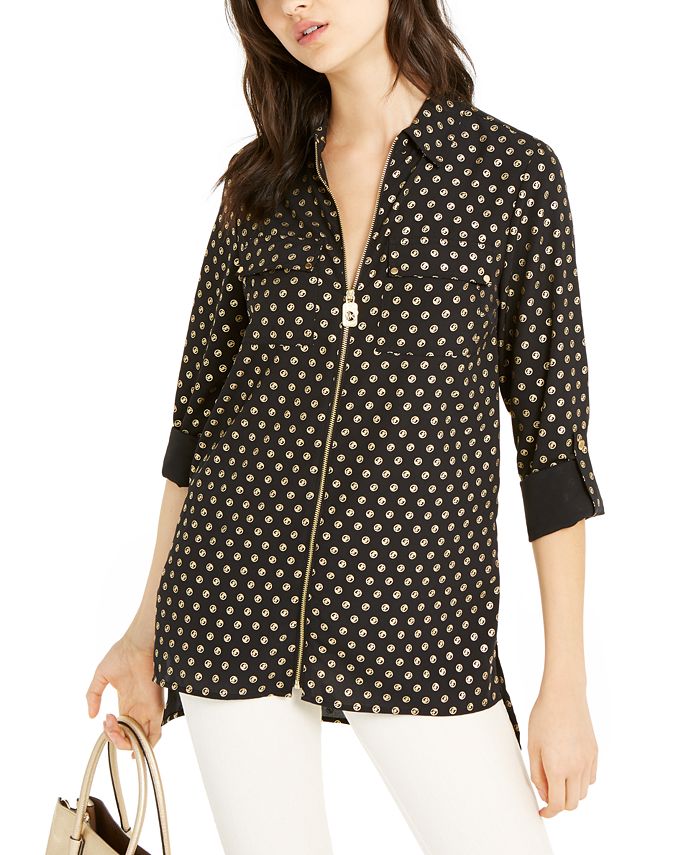 Michael Kors Women's Zip up Metallic Logo Top Black Size M