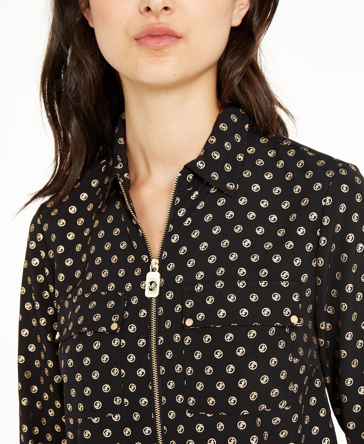 Michael Kors Women's Zip up Metallic Logo Top Black Size M