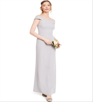 Adrianna Papell Women's Slitted Cap Sleeve Off Shoulder Full Length Evening Sheath Dress Gray Size 8