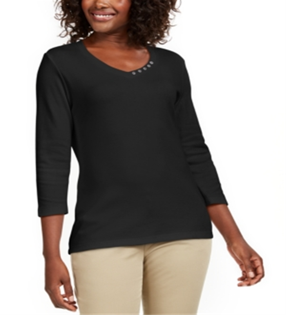 Karen Scott Women's Grommet Neck Cotton Top Black Size Small