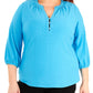 NY Collection Women's Plus Size 3/4 Sleeve Mandarin Collar Top Blue Size 1X