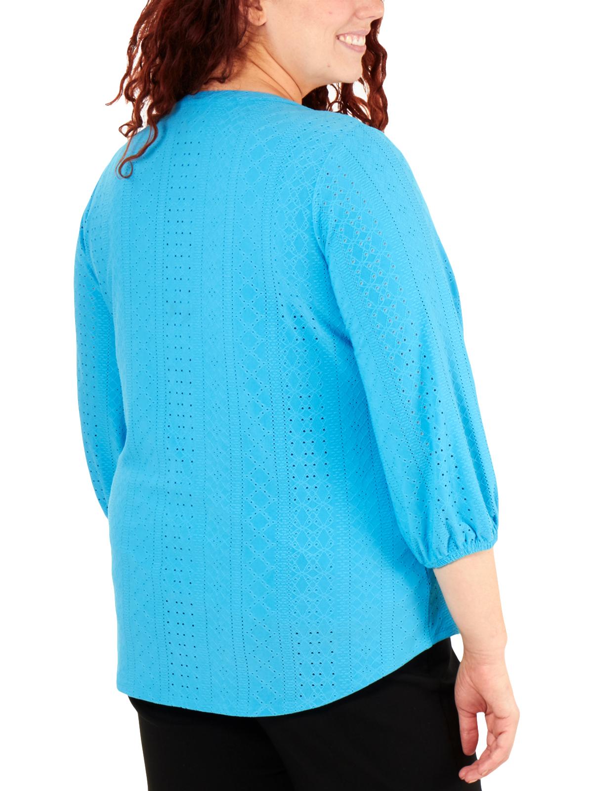 NY Collection Women's Plus Size 3/4 Sleeve Mandarin Collar Top Blue Size 1X
