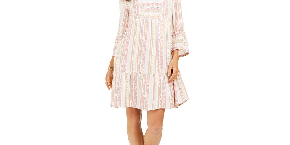 Style & Co Women's Printed Bell Sleeve Dress Pink Size Small